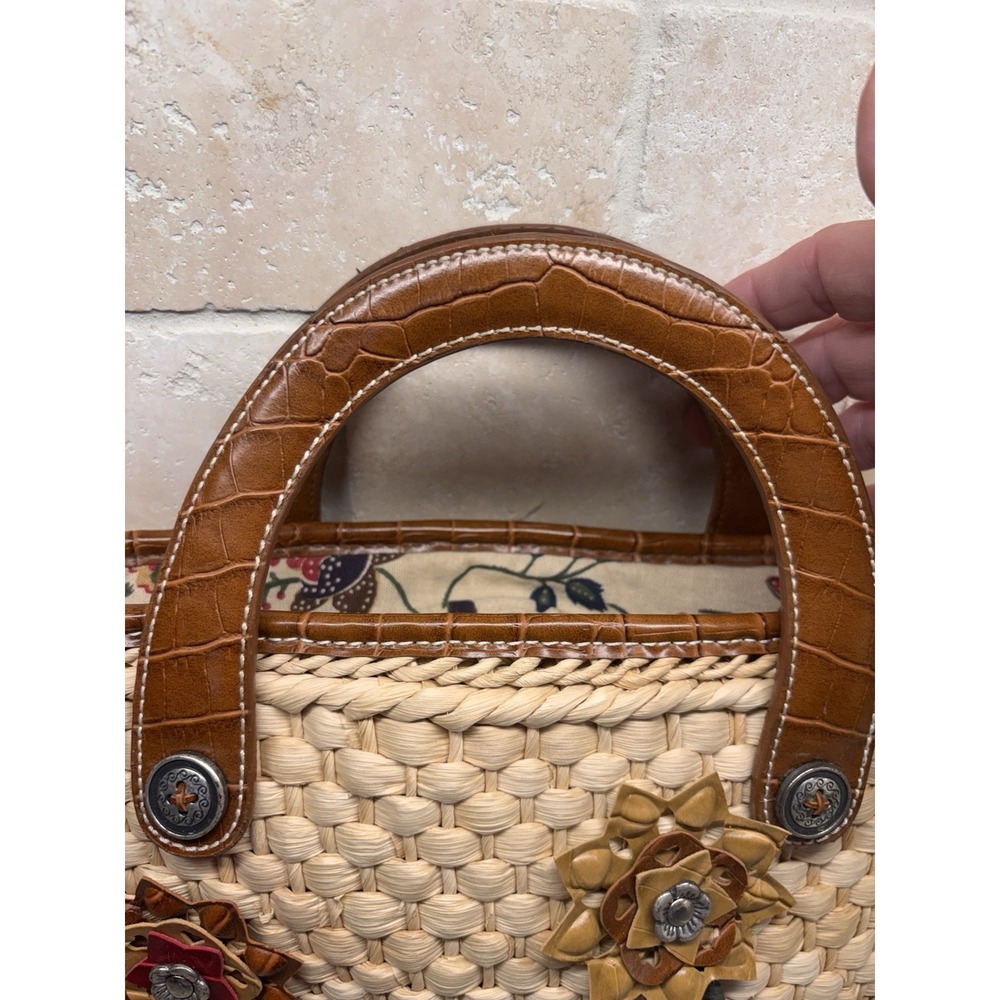 Vtg Y2K Elka Woven Straw Floral Satchel Purse Croc Leather Handle Boho Handbag - Picture 2 of 13